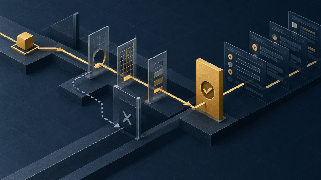 Editorial illustration of an autonomous AI agent path moving through layered permission gates, a denied route, an approval checkpoint and an audit trail.