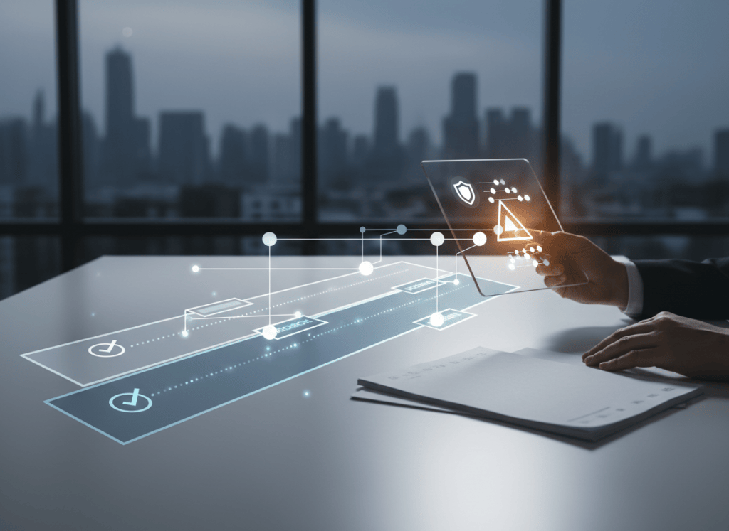 AI workflow moving through control checkpoints while a finance professional reviews a higher-risk decision.