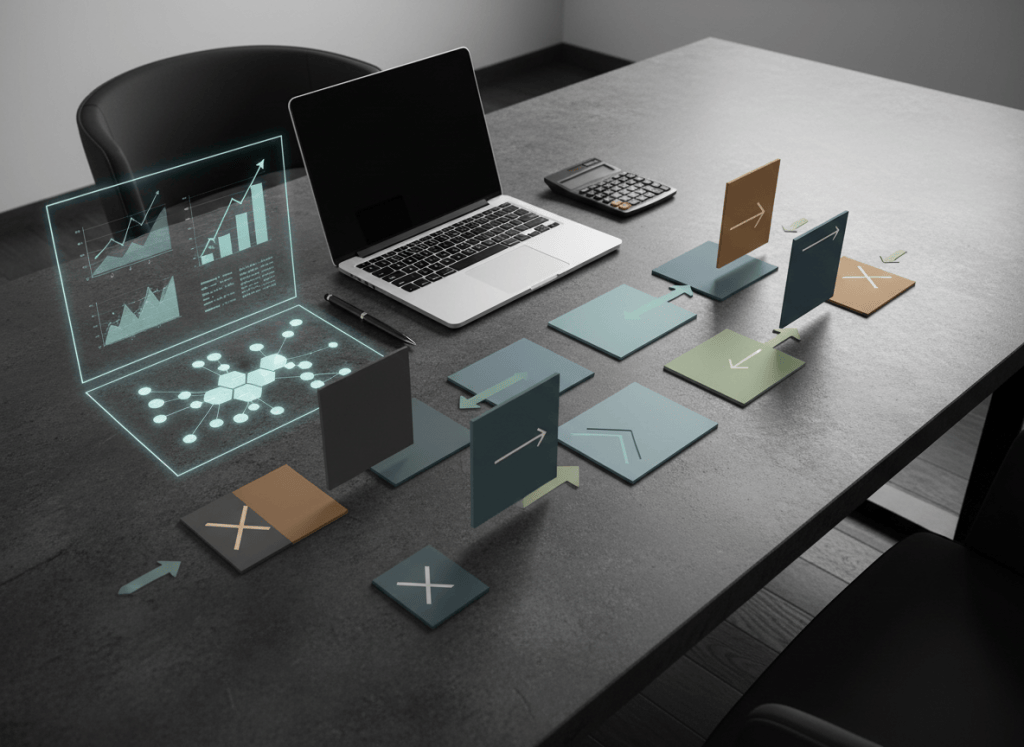 Finance workspace showing a portfolio of AI investment choices, capital allocation charts, and technology funding decisions.