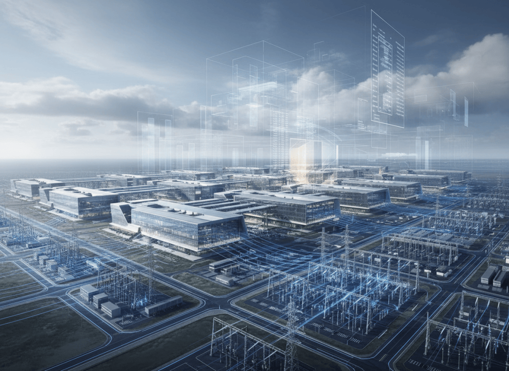 Wide AI data center campus with abstract financial ledger layers representing guarantees and contingent liabilities.