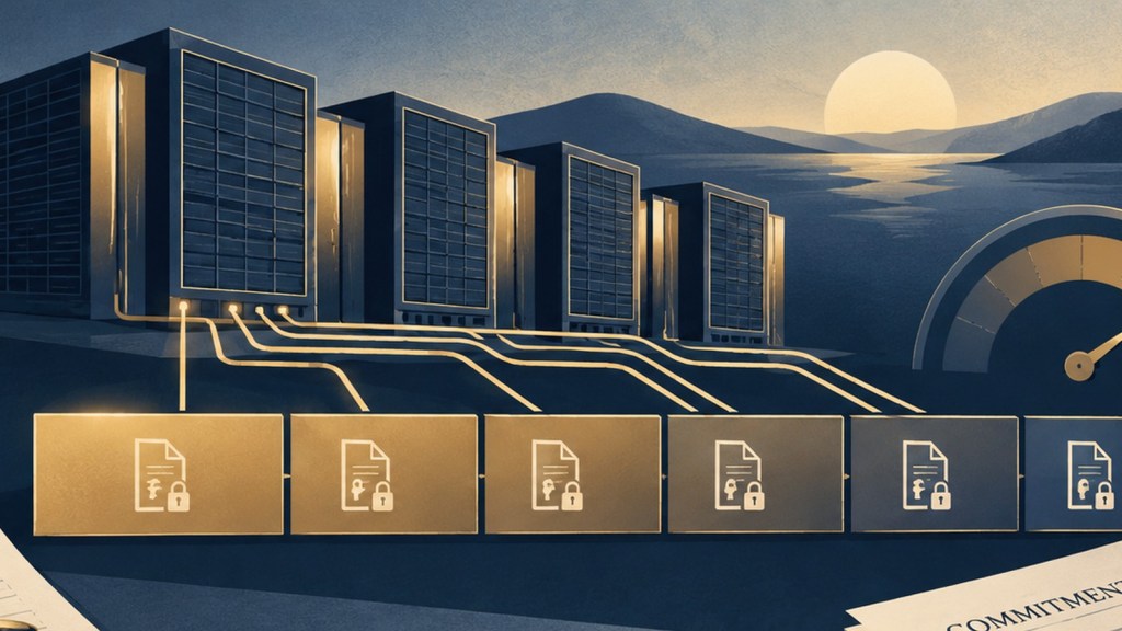 Editorial illustration of data-center capacity connected to a sequence of long-term contract commitments and a utilization gauge.