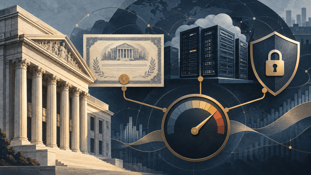 Editorial illustration linking a central bank, bond financing, AI data infrastructure, and risk controls.