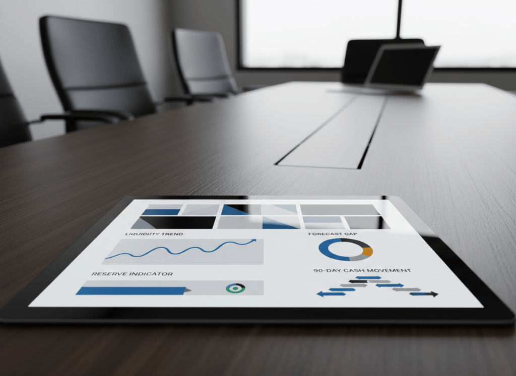 Boardroom table with a concise one-page financial dashboard highlighting liquidity, forecast, reserves, and cash movement.