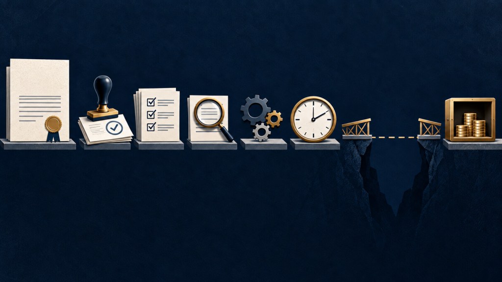 Editorial illustration tracing a government grant through approval, compliance and timing stages toward usable cash, interrupted by a broken bridge.