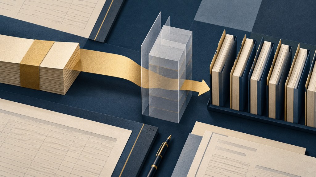 Editorial illustration of a reserve layer narrowing the flow of bank capital toward loan files.