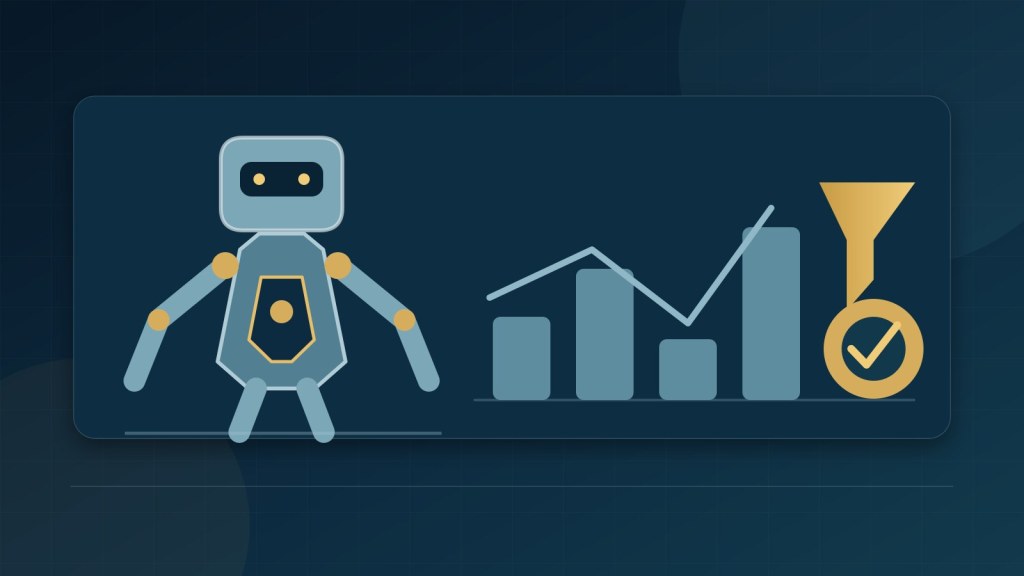 Editorial finance graphic showing an industrial humanoid robot beside uneven deployment revenue bars passing through a quality-assurance filter.