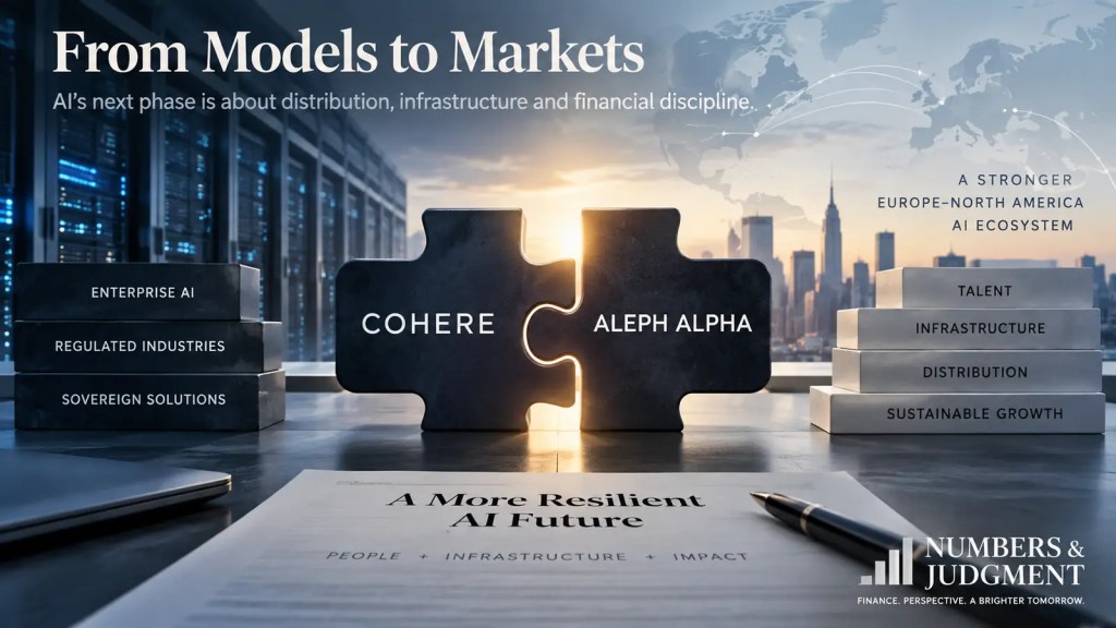 Enterprise AI infrastructure and capital-efficiency illustration for the Cohere–Aleph Alpha combination.