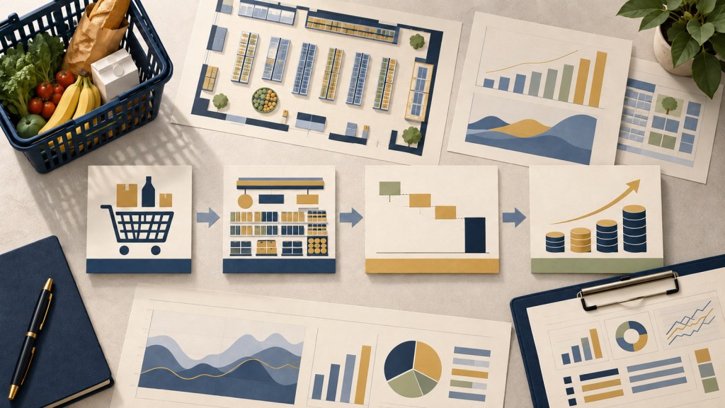 Editorial illustration of a grocery basket, store plan, inventory shelf, abstract margin bridge and cash-growth charts in navy and gold.
