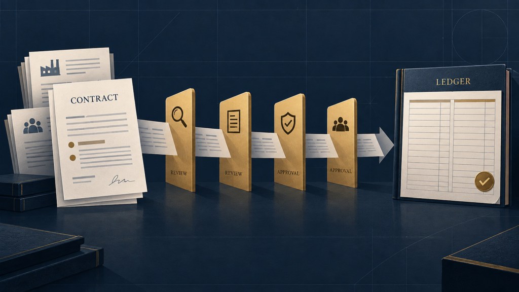 Illustration of contract documents passing through four review and approval gates into an accounting ledger.