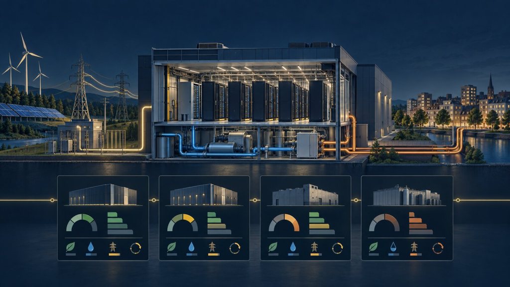 Editorial illustration of a European data center connected to renewable power, cooling water and a district heat network, with unlabeled efficiency comparison cards.