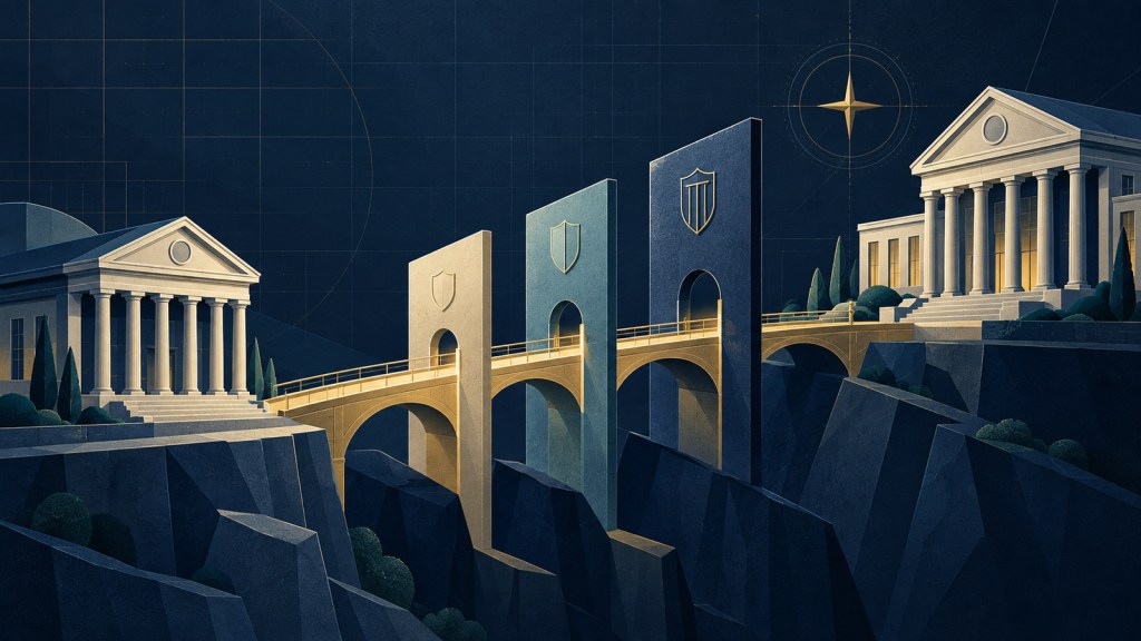 Two bank buildings connected by a gold bridge crossing three rising regulatory threshold gates.