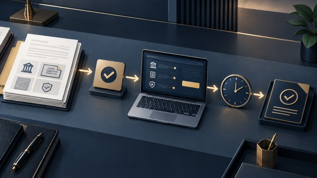Editorial illustration of collateral documents, an authorization checkpoint, a digital funding portal, a clock and a completed settlement record.