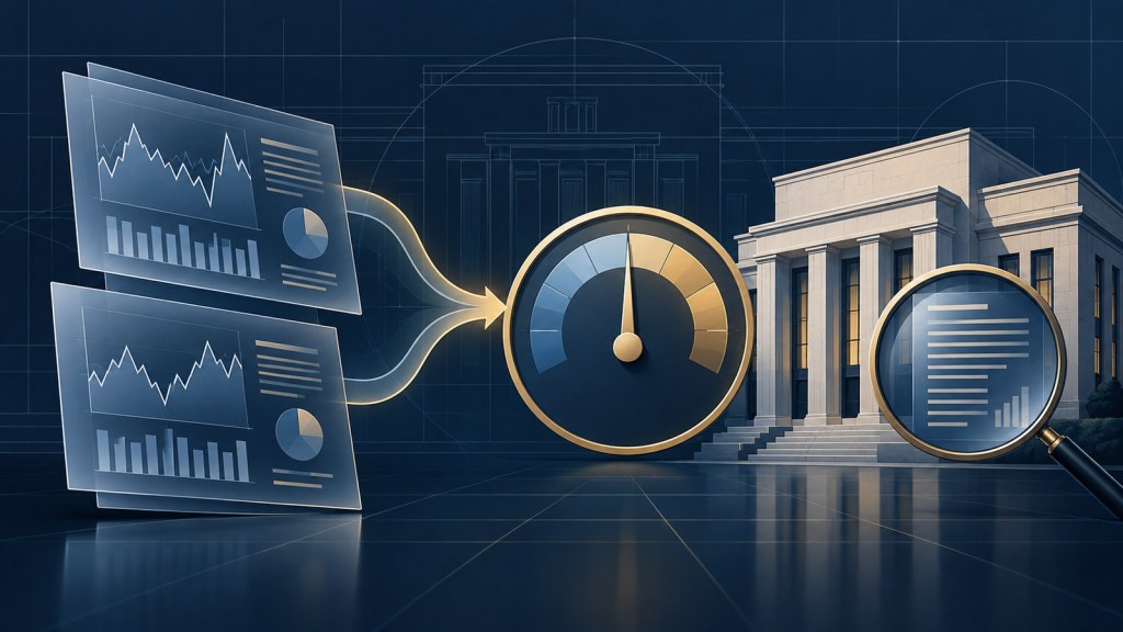 Editorial illustration of two stress-test result panels feeding a balanced capital-buffer gauge beside a bank building.