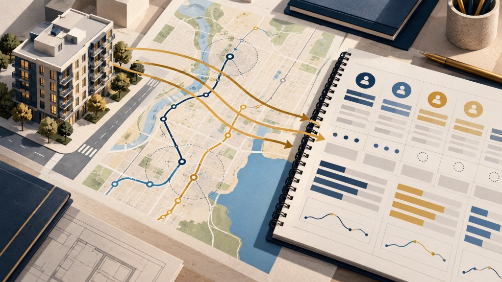 Editorial illustration linking an apartment building and transit map to a workforce planning workbook.