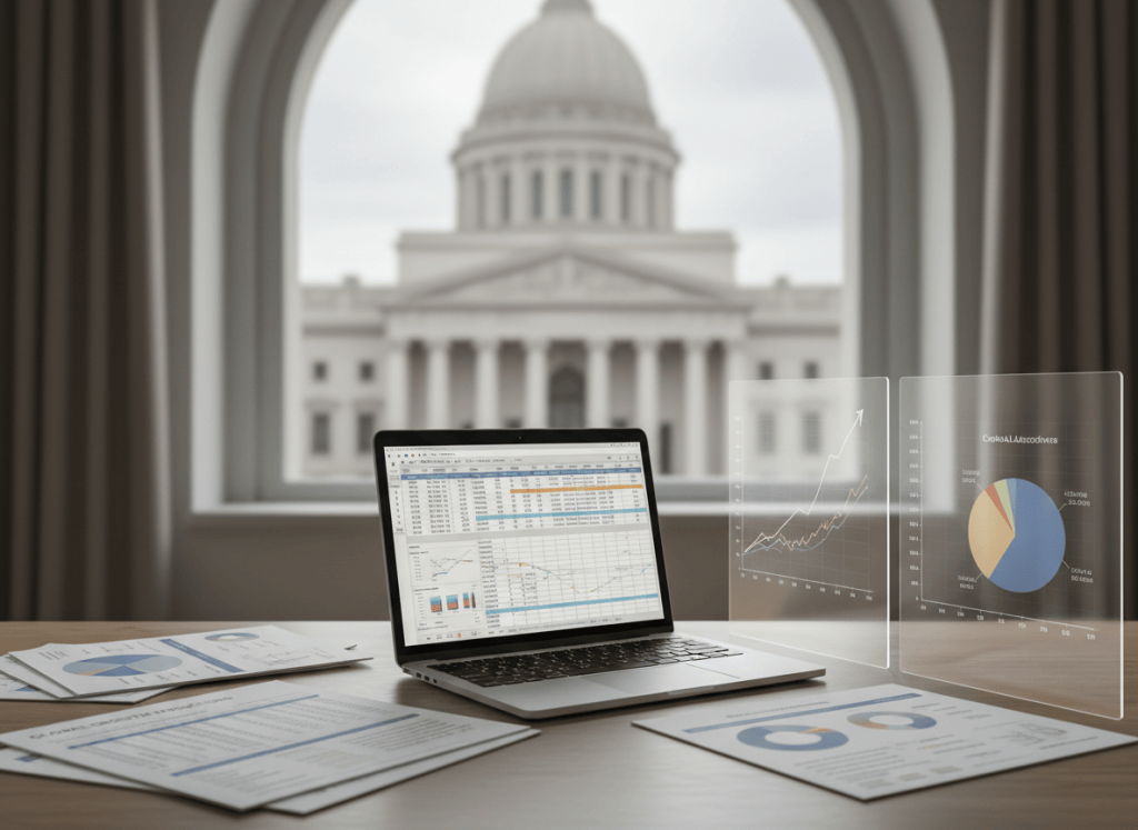 Financial planning desk showing interest-rate scenarios and capital-allocation analysis.