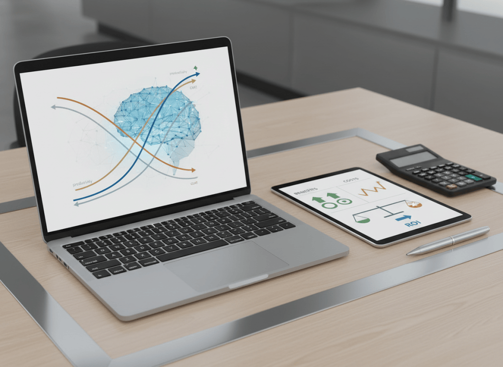 Finance workspace comparing AI costs and measurable benefits with abstract ROI dashboards and productivity indicators.
