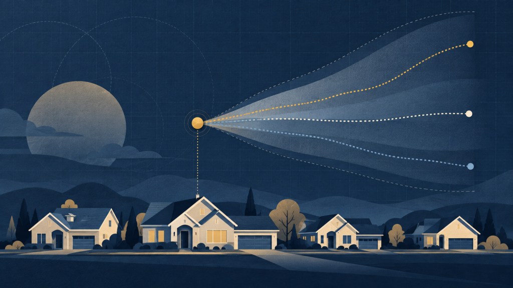 Editorial illustration of new homes beneath a wide uncertainty band branching into three forecast scenarios.