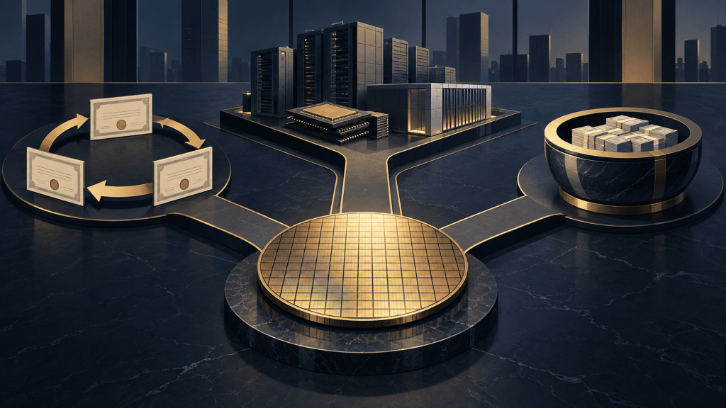 Editorial illustration of a semiconductor wafer directing capital toward share repurchases, AI infrastructure, and liquidity reserves.