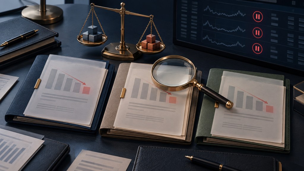 Three private-credit valuation files under audit review beside a balance scale and paused trading screen.