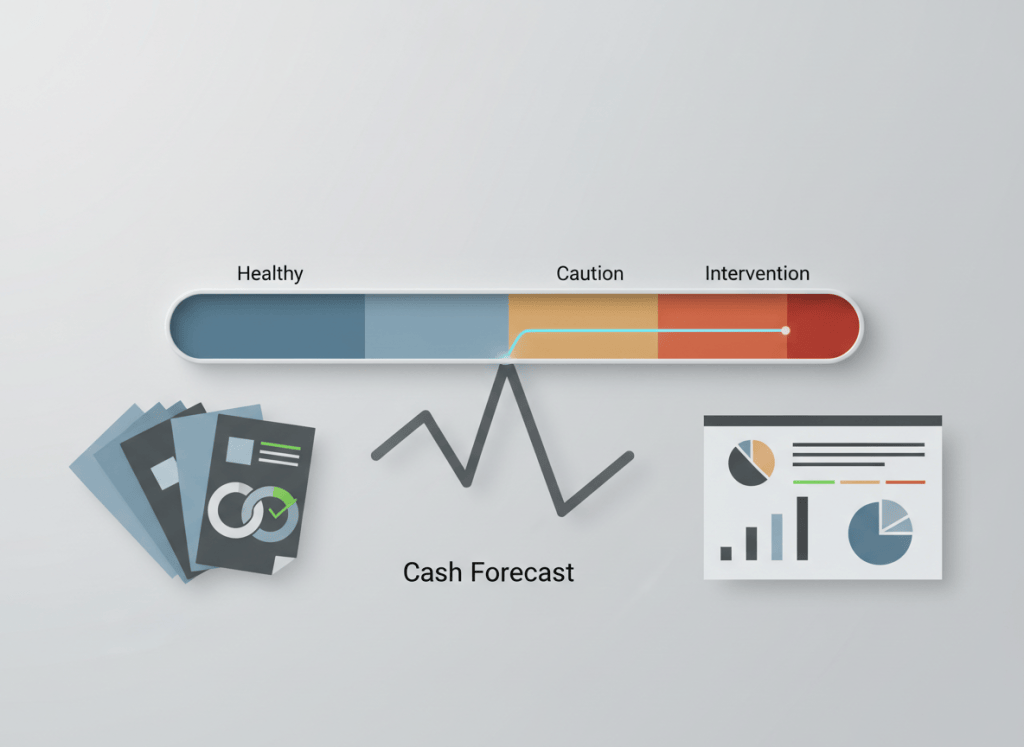 Financial reserve dashboard showing healthy, caution, and intervention trigger zones alongside a cash forecast and policy controls.