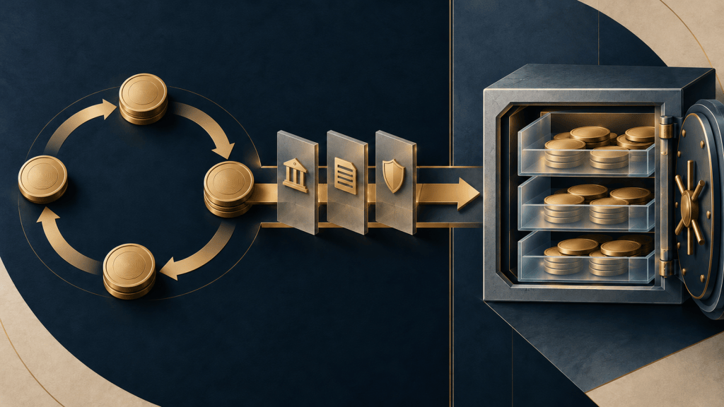 Navy-and-gold illustration of a crypto buyback cycle passing through treasury approval controls beside a locked custody ledger.