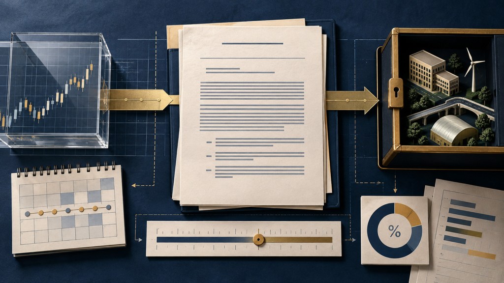 Editorial illustration of a regulatory proposal linking public-market transparency to private-market assets, with liquidity and fee controls.