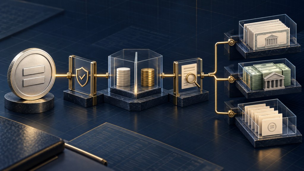 Editorial illustration of a stablecoin moving through control gates into segregated Treasury, cash and redemption reserves