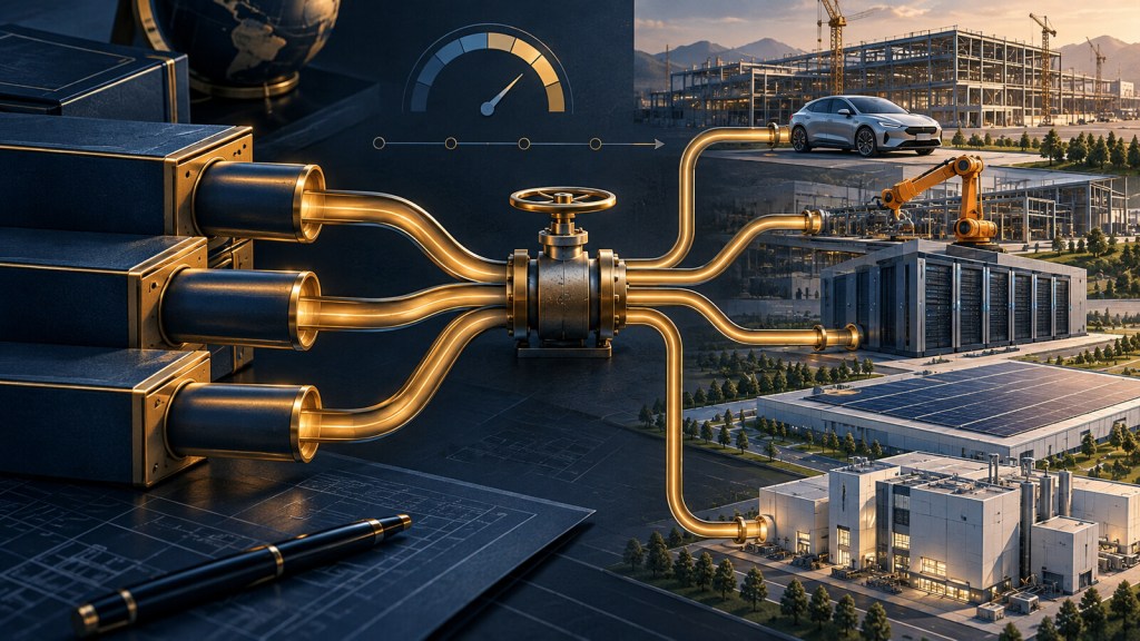 Editorial illustration of three undrawn credit facilities feeding planned vehicle, robotics, computing, solar and semiconductor investments.