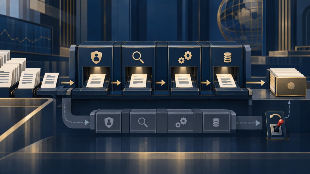 Editorial illustration of Treasury auction bids passing through authorization, validation, processing and settlement checkpoints, with a failover route.