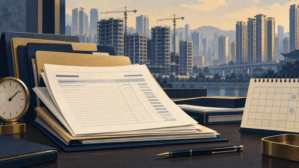 Illustration of loan files, a repayment calendar and apartment construction representing Vanke forbearance and cash risk