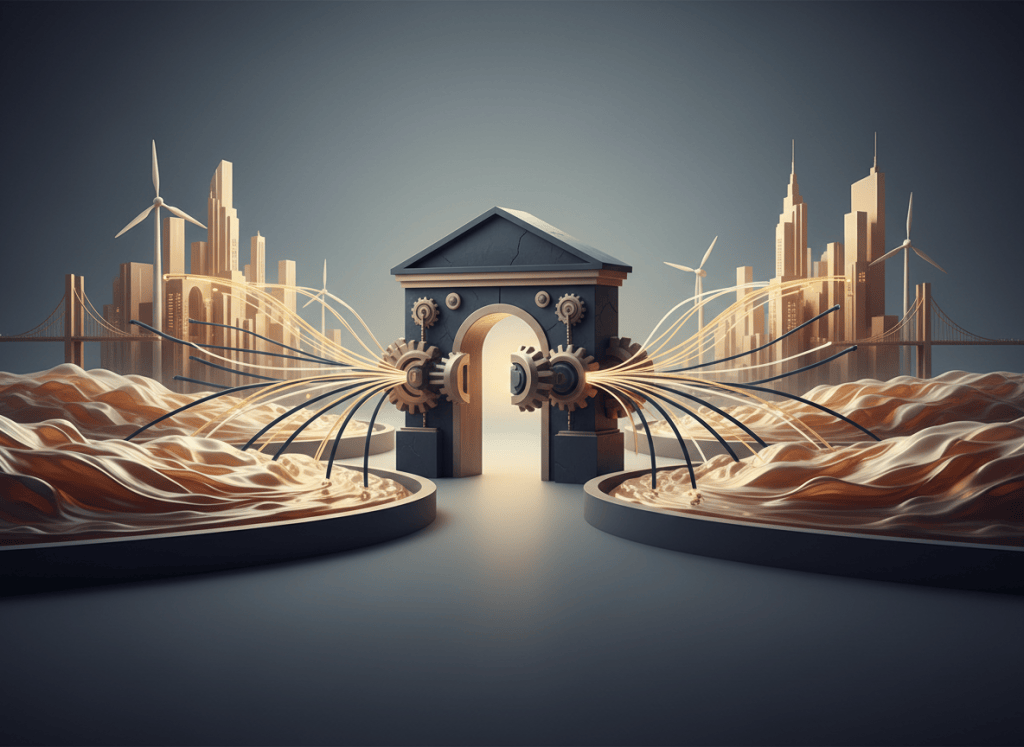 Editorial illustration showing institutional capital unlocking multiple larger pools of private investment through leverage and risk sharing.