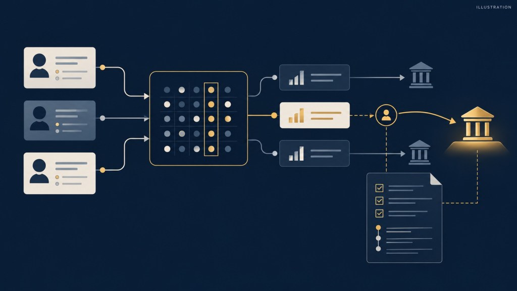 Editorial illustration of adviser profiles entering an algorithmic matching grid with a human override branch, compliance checklist, and audit trail.