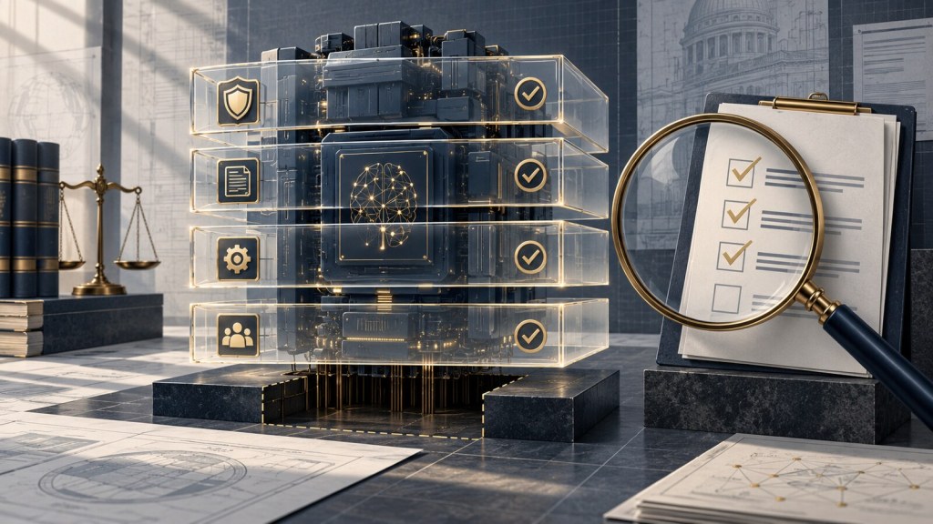 Editorial illustration of an AI system behind four transparent control layers while an external audit lens reviews a checklist, with an open enforcement gap below.