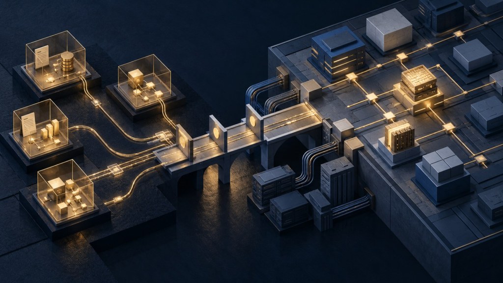 Editorial illustration showing isolated AI pilot modules passing through governance and integration checkpoints into a larger enterprise operating system.