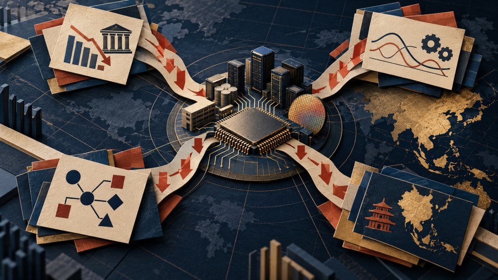 Editorial illustration of multiple investment strategy paths converging on the same AI semiconductor and data-center exposure during a market decline.