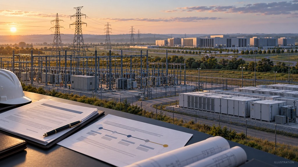 Illustration of transmission lines, a substation, battery storage and a data center beside project-finance documents.