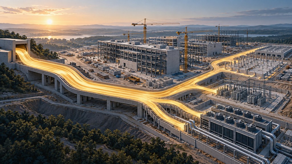Editorial illustration of a gold capital-flow ribbon dividing among data-center construction, power equipment and cooling infrastructure.