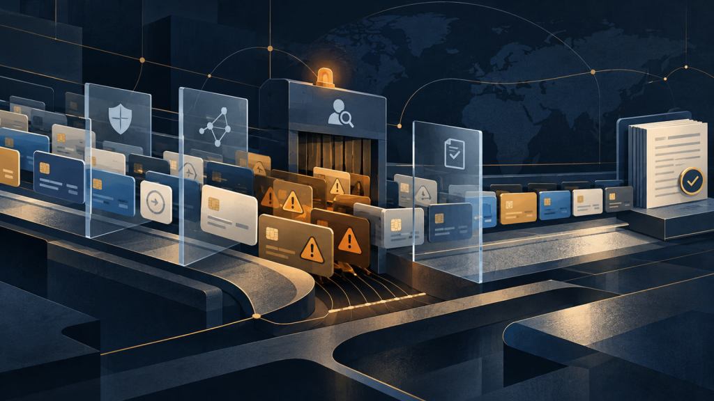 Editorial illustration of payment transaction records passing through compliance monitoring gates, with amber risk flags and a documented audit trail.