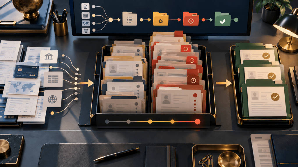 A navy and gold editorial illustration showing transaction files entering an aging investigation backlog and moving into verified closed cases.
