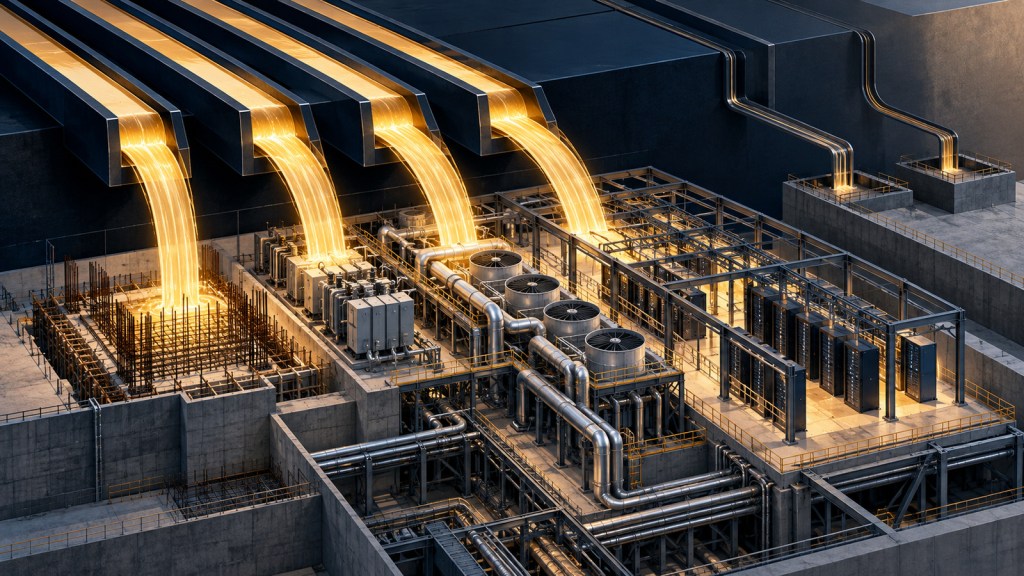 Editorial illustration of five gold cash-flow channels feeding data-center foundations, power equipment and cooling infrastructure.