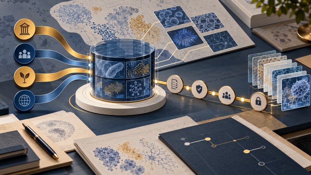 Editorial illustration of funding streams, biological datasets and governance checkpoints converging on a shared research platform.
