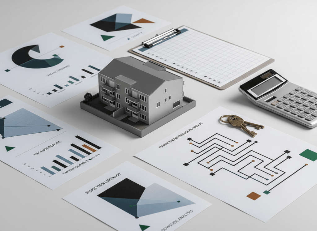 Rental property underwriting workspace with a small multifamily model, cash-flow charts, repair planning, and financing analysis.