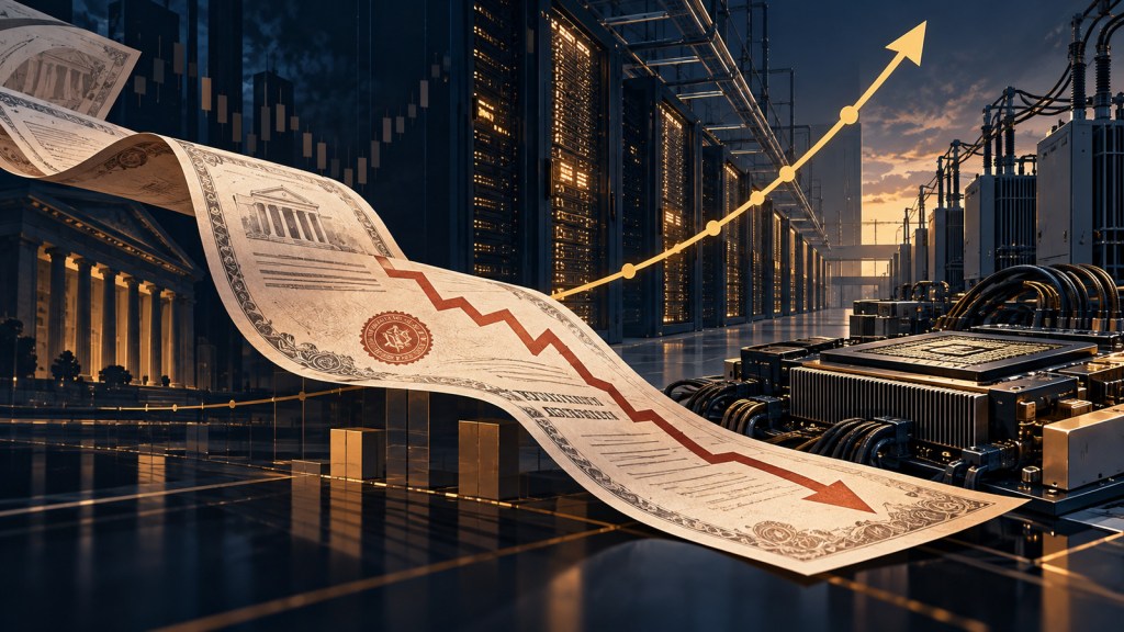 Editorial illustration of a falling bond-price path and rising financing-cost curve across data-center and semiconductor infrastructure.