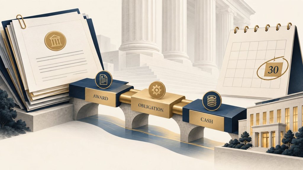 Editorial illustration of federal grant documents, a September 30 calendar, and a segmented bridge from award to obligation to cash.
