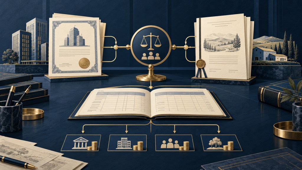 Editorial illustration of corporate and partnership investment documents passing through a significant-influence decision gate into an equity-in-earnings ledger and allocation paths.