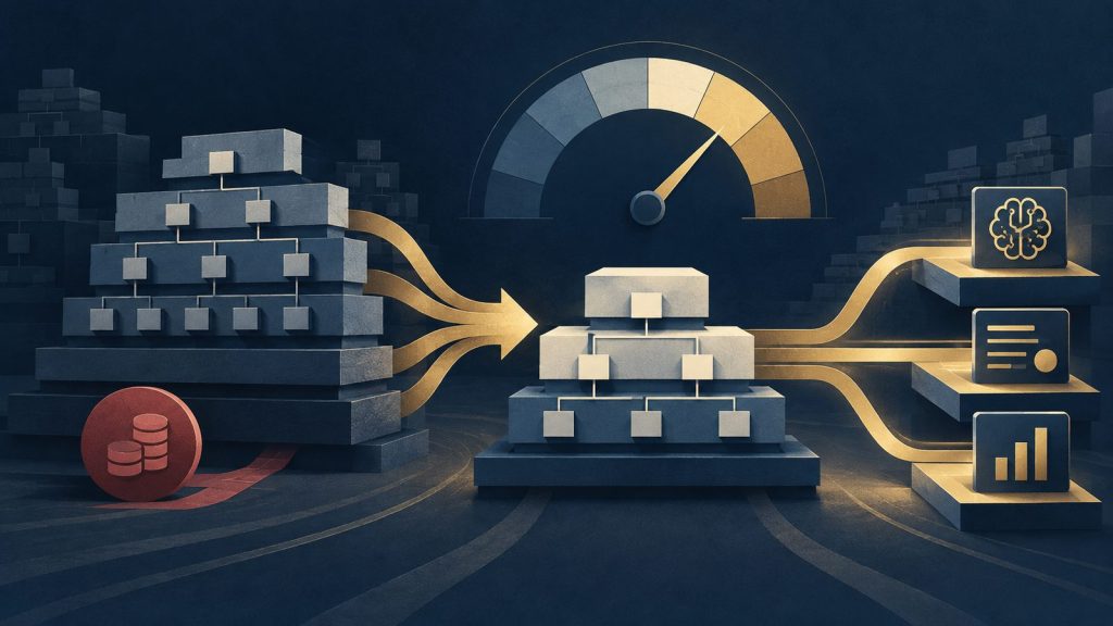 Editorial illustration of organizational layers being simplified into a leaner structure, with an abstract credit-score gauge and an AI-enabled product pipeline.