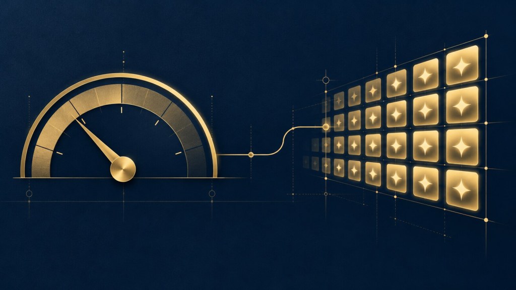 Editorial illustration of a gold margin gauge connected to an expanding grid of AI credit tiles on a navy background