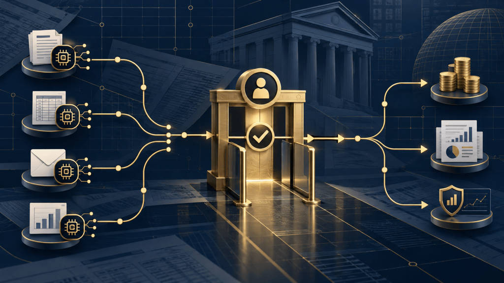 Illustration of AI workflow lines passing through a human approval checkpoint before reaching payments, reports, and risk monitoring.