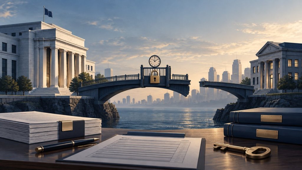 Editorial illustration of an unfinished funding bridge linking public authorities and a commercial bank, with a locked gate and clock representing operational delays in emergency liquidity access.