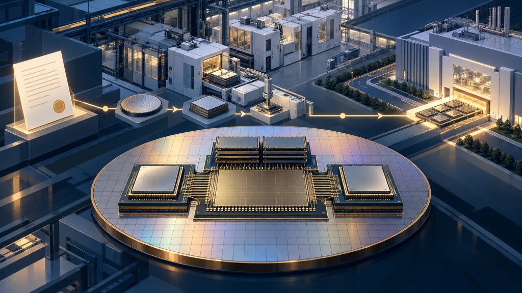 Silicon interposer linking processors and memory across a U.S. advanced-packaging production line.